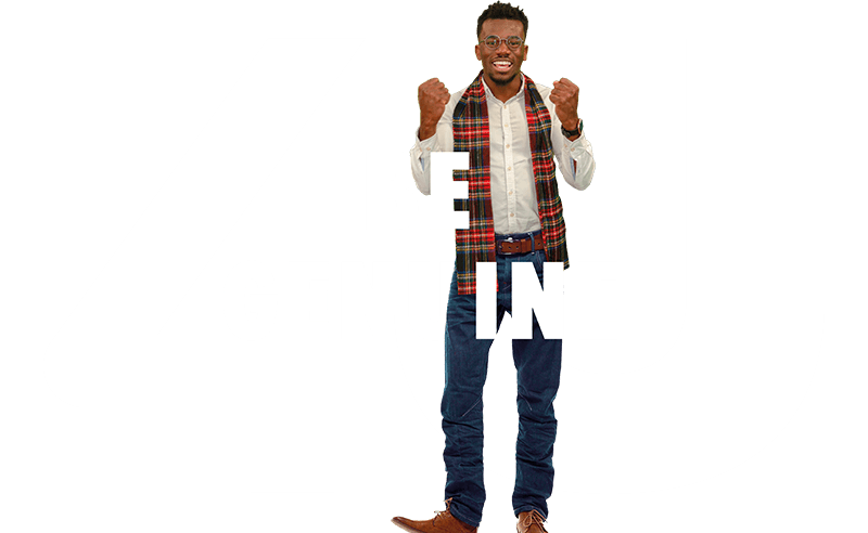 Man with glasses holding his arms up