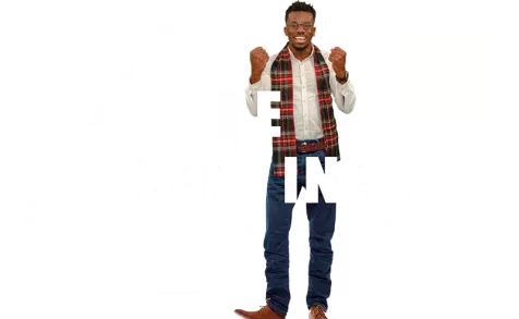 Man with glasses holding his arms up