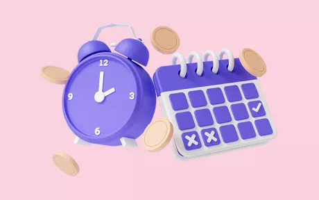 Clock, time sheet and money on pink back ground